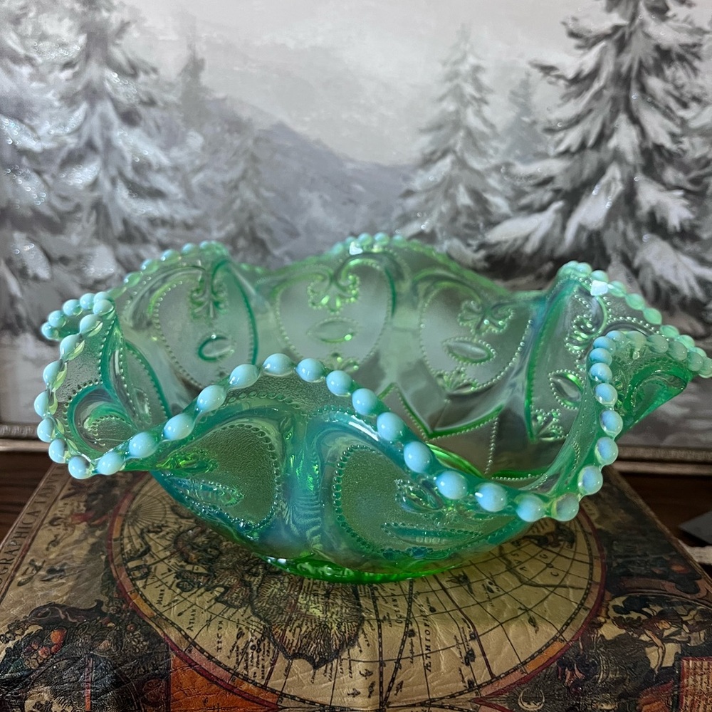 Northwood Glass Co. early 1900s, in their “Scroll with Beads” pattern